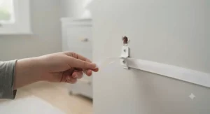Attaching a safety strap to a wall bracket to prevent the chest of drawers from tipping.