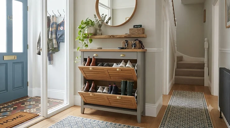 A stylish shoe storage chest of drawers positioned in a modern British hallway, neatly organizing footwear for UK homes. shoe storage chest of drawers hallway