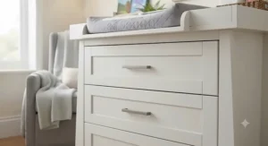 Side view of a nursery chest of drawers with a changing top attachment.