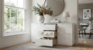 Detailed view of smooth-running wooden drawers and quality metal handles on a handcrafted wooden sideboard.