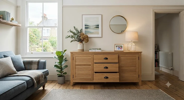 A stylish oak sideboard with drawers positioned in a modern British living room, styled with contemporary decor and natural daylight. sideboard with drawers