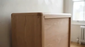 A slim chest of drawers used as a functional bedside table, providing extra storage next to a bed.