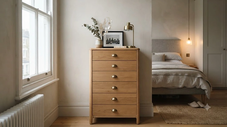 A stylish, narrow chest of drawers in a modern bedroom, providing efficient vertical storage for a compact space. slim chest of drawers