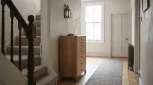 A slim chest of drawers placed in a narrow hallway, offering convenient storage without blocking the walkway.