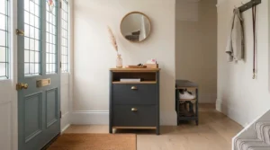 A compact, narrow chest of drawers positioned neatly in a small UK flat hallway to maximise space.