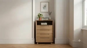 Compact living room storage unit with drawers fitted neatly into an alcove in a classic British home.