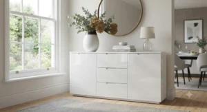 A compact sideboard with drawers used as hallway storage with a ceramic vase and framed print placed on top.