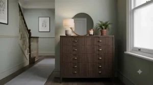A stylish statement chest of drawers styled in a narrow British hallway with a decorative mirror above.
