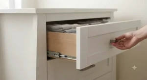 Soft-close drawer mechanism on a white nursery chest of drawers for quiet operation.