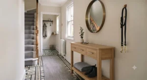 Traditional solid pine console table with brass-handled drawers, showcasing warm natural wood grain for a country-style hallway.