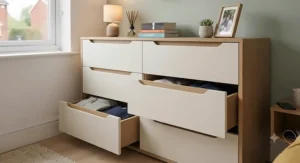 A wide-angle shot of a teen's bedroom featuring a large chest of drawers, balancing style and functionality.