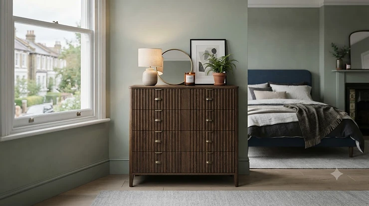A luxurious statement chest of drawers styling a modern British living room interior. statement chest of drawers