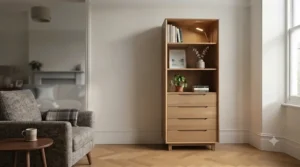 Tall living room storage unit with drawers providing practical organisation for a family sitting room.