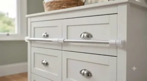 A tension rod fitted across a chest of drawers to keep multiple drawers locked shut.