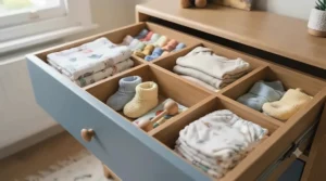 Demonstration of a toddler chest of drawers with an anti-tip safety strap attached.