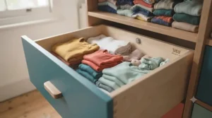 Close-up of a toddler's chest of drawers showing child-safe soft-close hinges.
