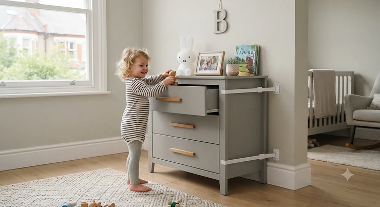 A nursery chest of drawers secured to the wall with anti-tip furniture straps to keep a toddler safe. anti tip chest of drawers toddler