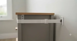 Essential tools for installing furniture wall anchors, including a drill, screwdriver, and spirit level.