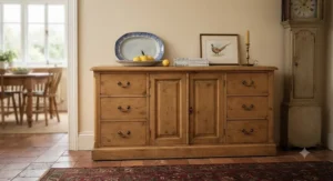 A traditional solid pine sideboard with drawers offering ample storage capacity for tableware and household essentials.