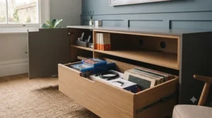 Close-up view of deep drawers and open shelving in a media chest unit, revealing organised storage for gaming consoles, controllers, and art books.