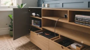 An open deep drawer in a media unit, specially designed and organised to hold a collection of vinyl records and a cleaning brush.