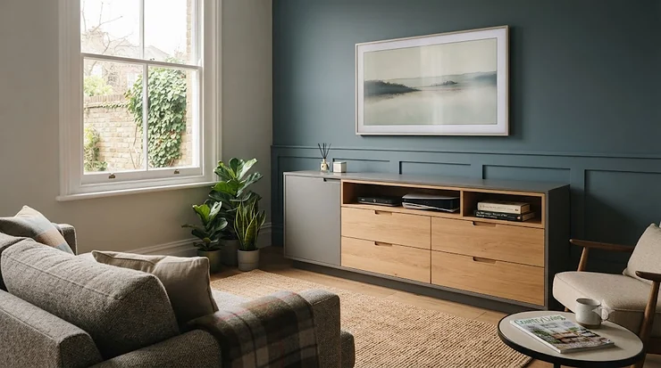 Modern grey and oak TV unit with integrated chest drawers in a contemporary British living room with natural light, featuring a wall-mounted Frame TV, houseplants, and a tartan throw on a sofa. TV unit with chest of drawers