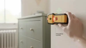 A hand holding an electronic stud finder against a wall to locate a stud for the safe installation of an anti-tip furniture anchor.