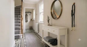 Classic white console table featuring two storage drawers and a lower shelf for shoe storage in a hallway.