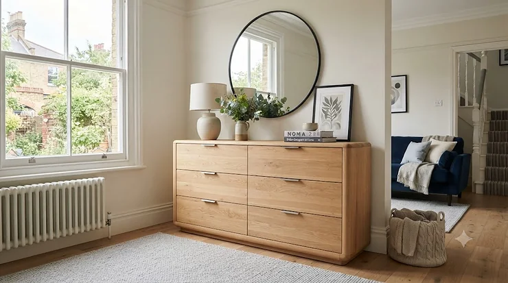 A stylish wide sideboard chest of drawers positioned in a modern British living room, offering ample storage and a natural wood finish. wide sideboard chest of drawers