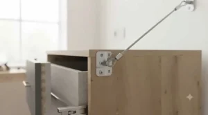 Close-up of an included anti-tip safety wall bracket fitted to a tall space-saving chest of drawers.