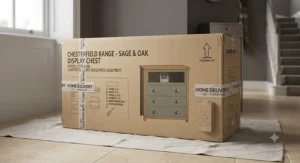 Fully assembled chest of drawers with display top positioned neatly in a hallway space.