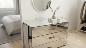 Stylised graphic showing height and width dimensions for a standard UK backlit mirror chest of drawers.
