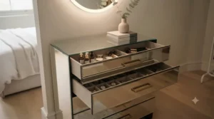 Open drawers showing deep storage capacity inside a modern backlit mirror chest of drawers.