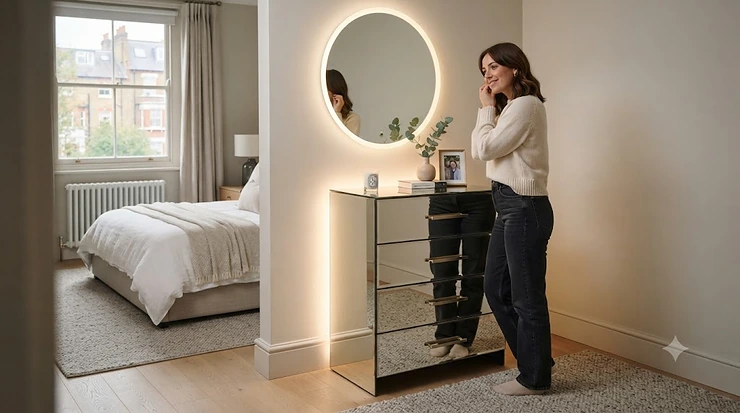 Modern backlit mirror chest of drawers styled in a contemporary British bedroom, featuring integrated LED lighting. backlit mirror chest of drawers