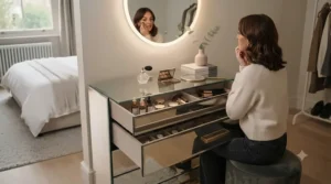 Backlit mirror chest of drawers used as a chic vanity and dressing table setup in a master bedroom.