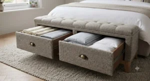 Internal view of a storage bench with drawers for the bedroom, neatly packed with folded winter bedding and woollen throws.