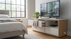 Multipurpose TV chest of drawers unit acting as a bedroom entertainment centre and clothes storage solution.