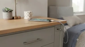 A bedside chest of drawers with a smartphone plugged into the integrated USB port overnight, next to a reading lamp.