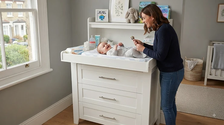 A white wooden changing table chest of drawers in a modern British nursery, featuring safety barriers and organized baby clothes. changing table chest of drawers