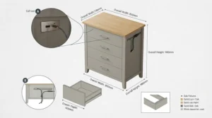 Technical diagram showing the height, width, and depth dimensions of a standard UK-sized chest of drawers with built-in USB power.