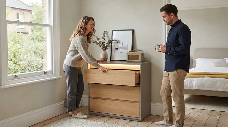 Modern bedroom featuring a chest of drawers with built-in LED lighting compared side-by-side with a standard wooden chest of drawers. chest of drawers with built-in lighting vs standard chest