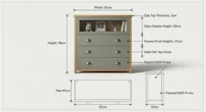Technical dimension guide showing height, width, and depth of the display chest of drawers.