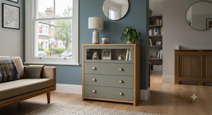 White wooden chest of drawers with glass display top styling a modern British living room. chest of drawers with display top
