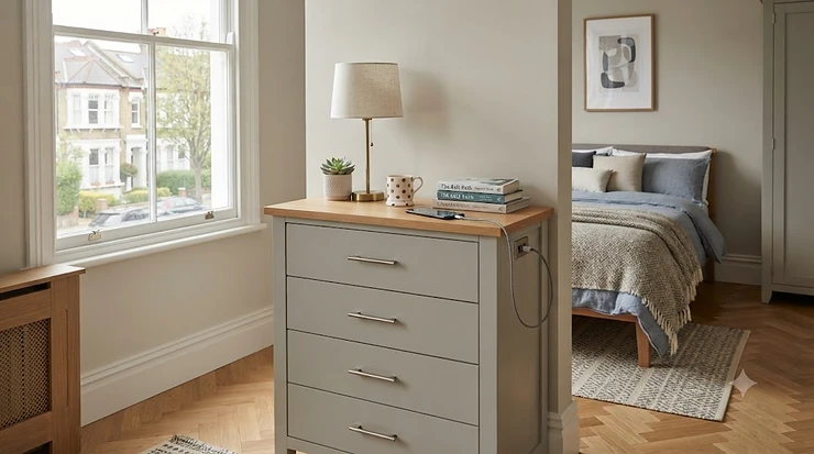 Modern wooden chest of drawers featuring an integrated USB charging port on the top surface, styled in a contemporary British bedroom. chest of drawers with USB charging port