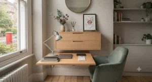 Wall-hung drawer unit positioned below a desk setup to maximise storage in a home office nook.
