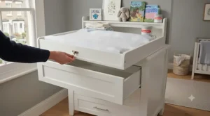A versatile changing table chest of drawers with a removable top changer for long-term nursery use.