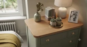 Angled three-quarter perspective of a compact three-drawer corner chest showing its triangular footprint.
