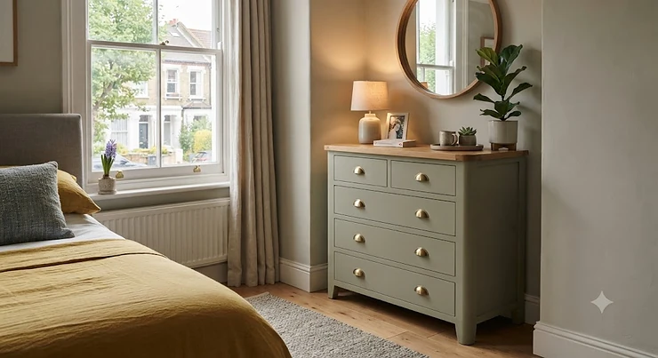 A modern wooden corner chest of drawers styled in a bright British bedroom, featuring multi-tiered storage to maximise small spaces. corner chest of drawers