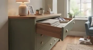 Space-saving corner chest of drawers neatly fitted into an awkward bedroom alcove beside a double bed.