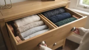 Open drawers on a standard chest of drawers showing deep storage compartments organised with folded winter jumpers.